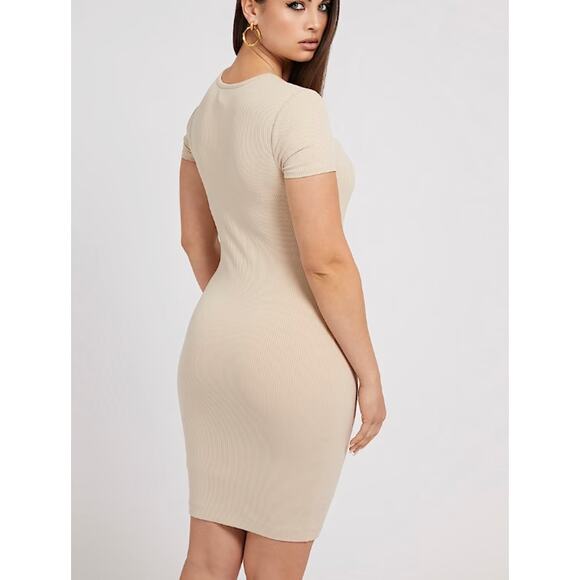 GUESS Women's Essentials Lana Dress XL Beige Short Sleeves Bodycon Cut Out NWT - Picture 3 of 11